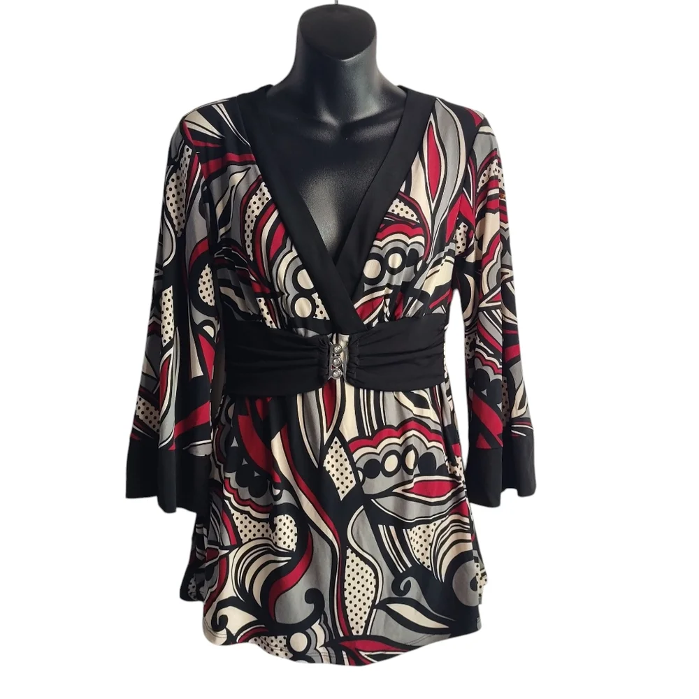 Heart Soul Blouse Women's Multicolor Paisley V-Neck Bell Sleeve Stretch Sz L NWT